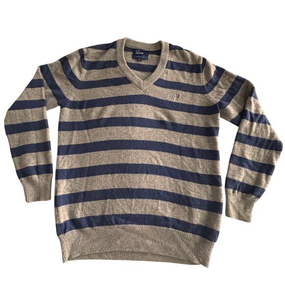 Fred Perry Mens Striped Lambswool Sweater Medium Blue Gray V-Neck Jumper Preppy - Picture 2 of 8